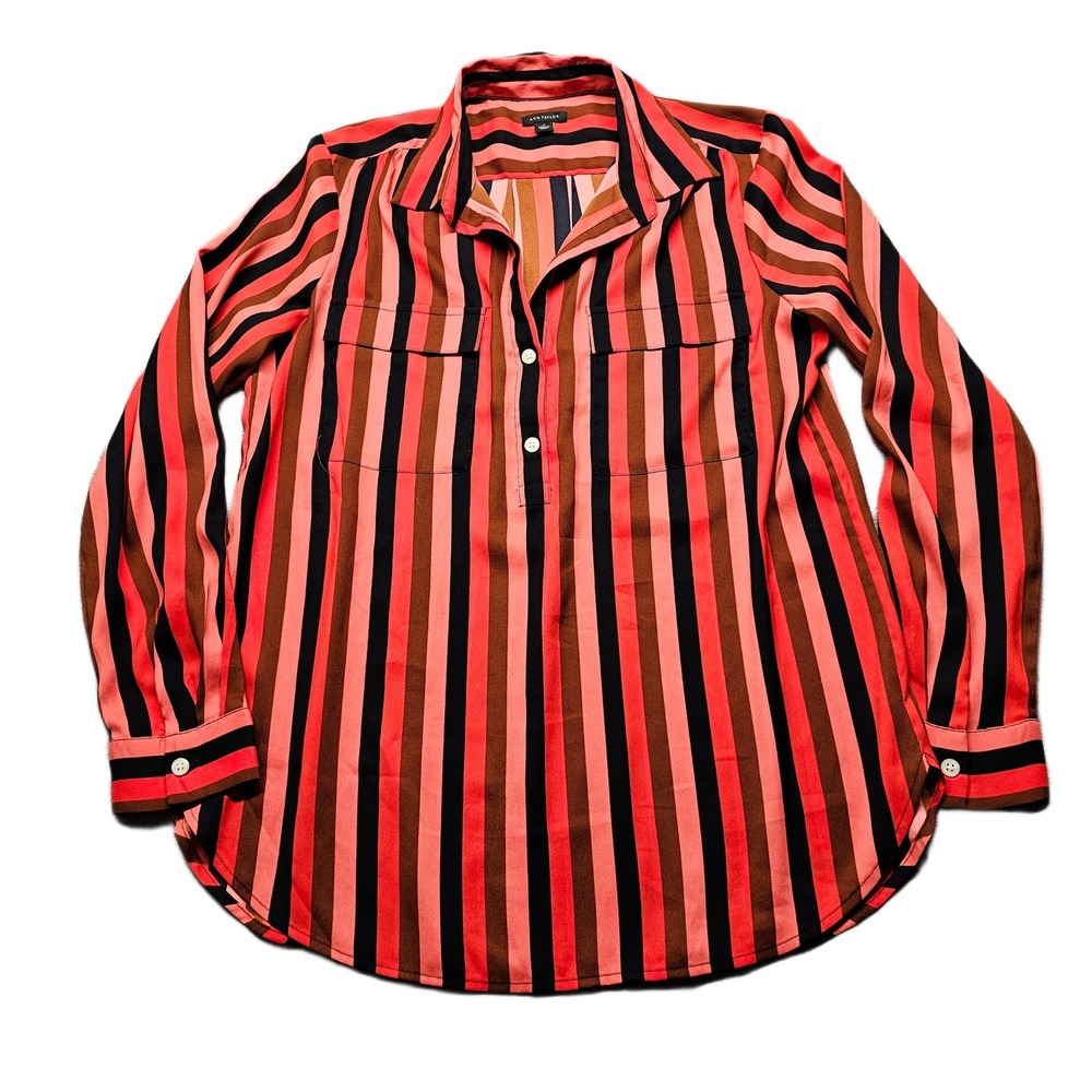 Ann Taylor‎ Blouse Top Womens M Multicolor Striped Long Sleeve Collared Popover